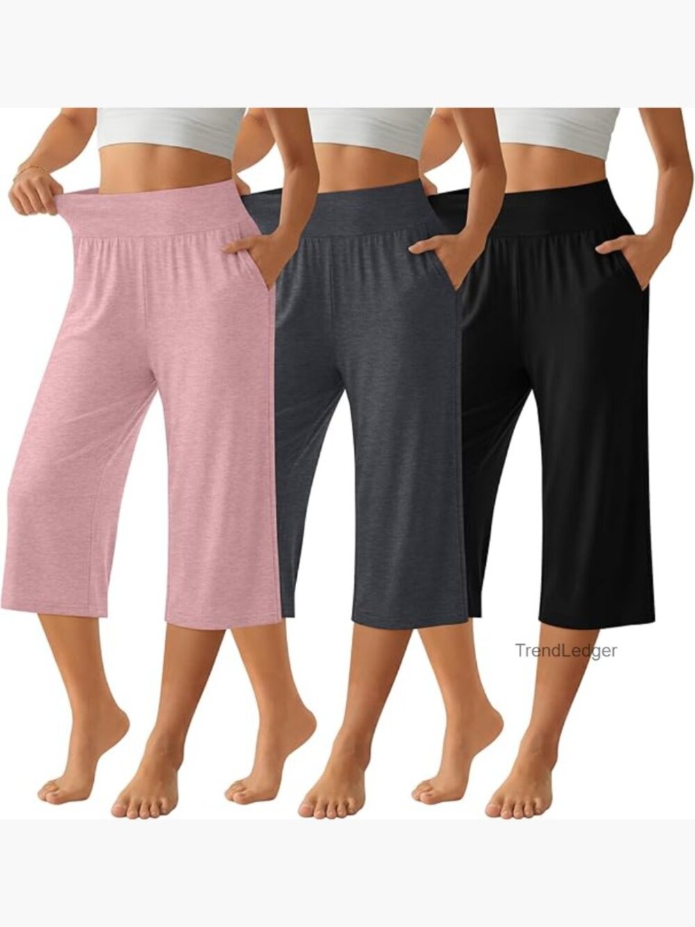3 Pack Women Capri Pants Wide Leg High Waist Crop Lounge Sweatpants